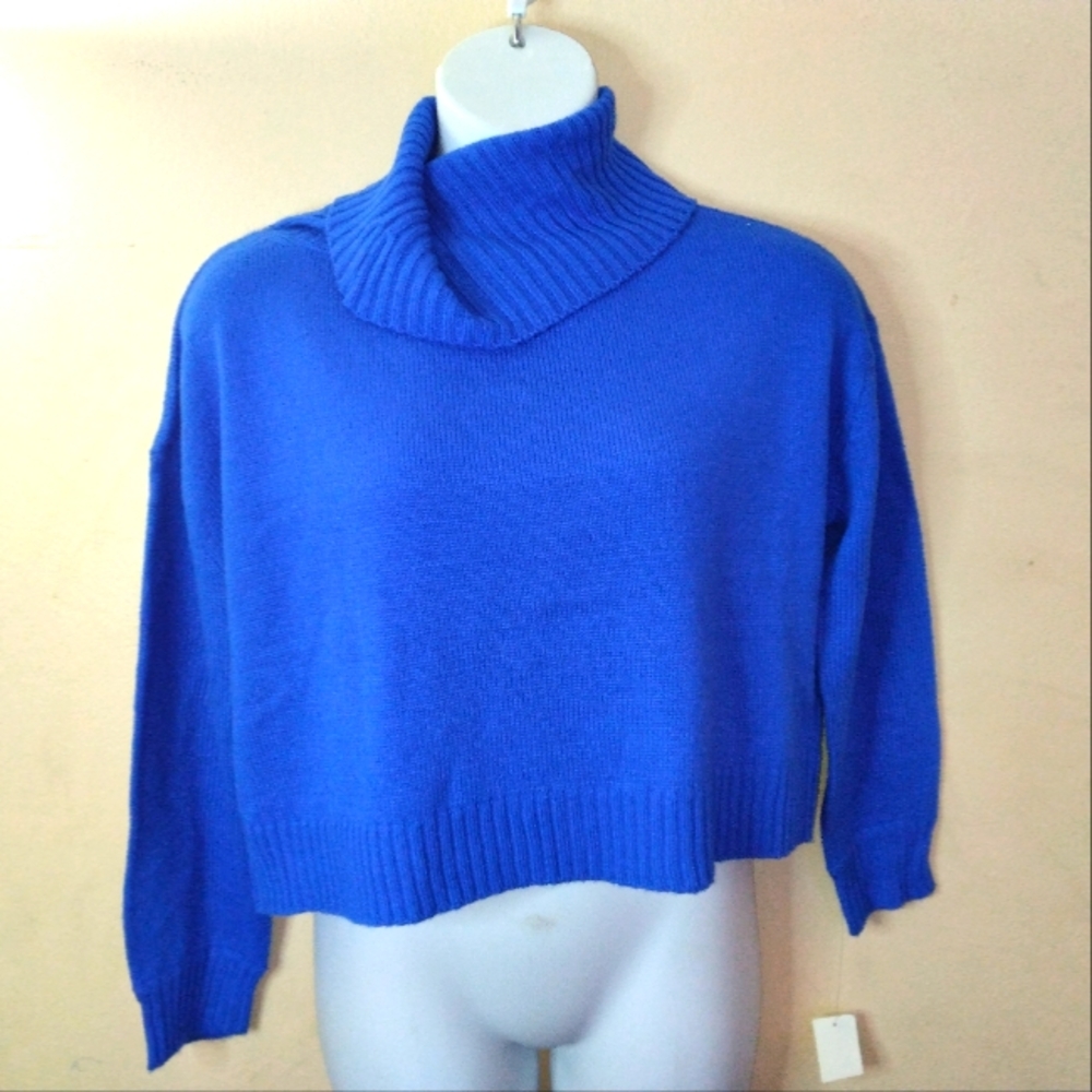 Bar lll Royal Blue Cropped Knit Cowl Neck Sweater Size XL